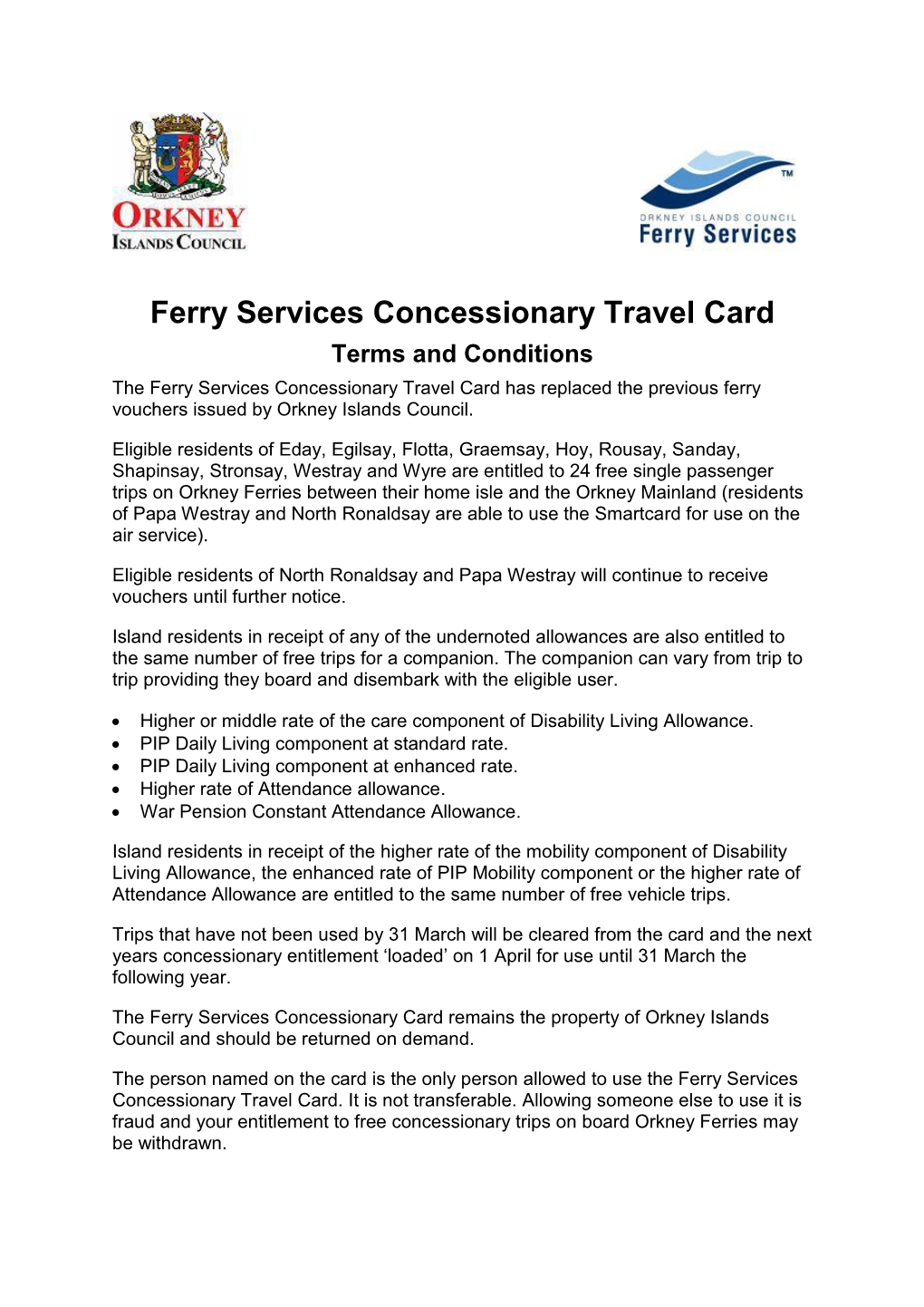 Orkney Ferries Smart Card Terms and Conditions