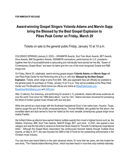 Award-Winning Gospel Singers Yolanda Adams and Marvin Sapp Bring the Blessed by the Best Gospel Explosion to Pikes Peak Center on Friday, March 20