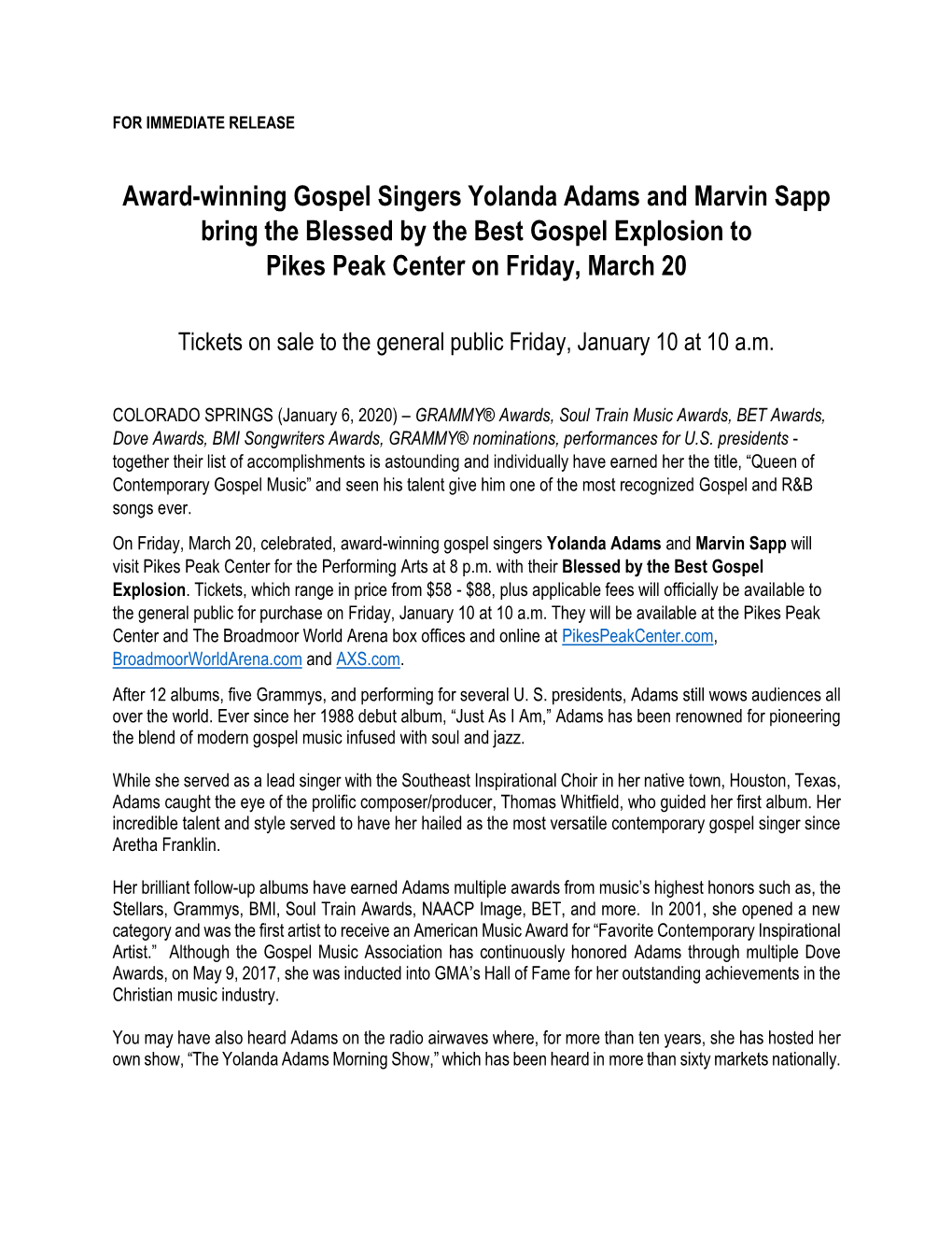Award-Winning Gospel Singers Yolanda Adams and Marvin Sapp Bring the Blessed by the Best Gospel Explosion to Pikes Peak Center on Friday, March 20