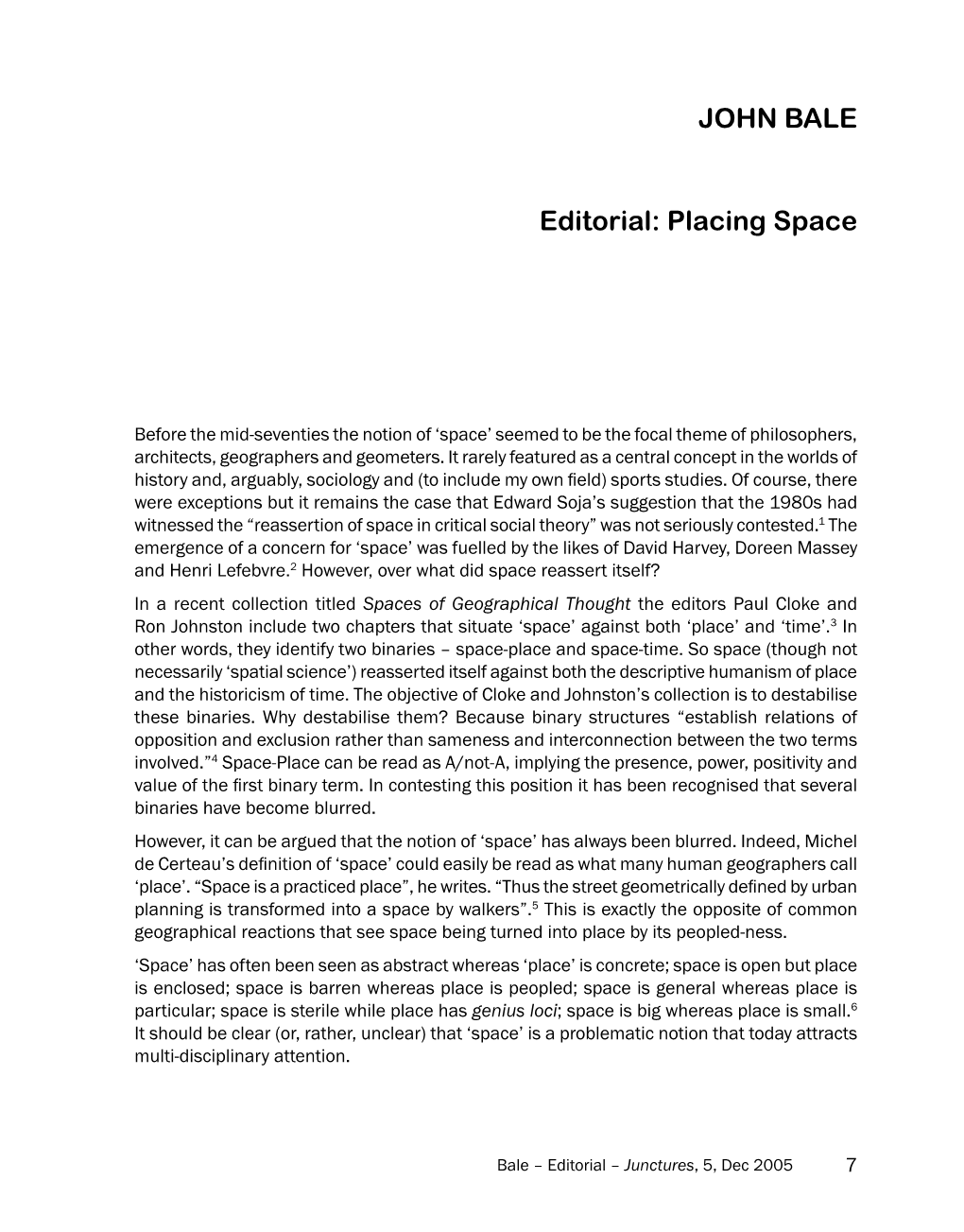 JOHN BALE Editorial: Placing Space