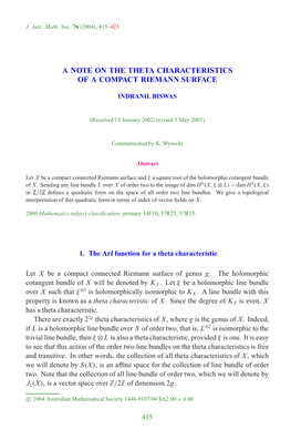 Theta Characteristics of Riemann Surface 417 Now, Since Sˆ Is Not Identically Zero, It Deﬁnes a Meromorphic Section of the Holomor- =∼ ∗ Phic Tangent Bundle TX