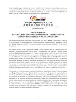 Chengdu Expressway Co., Ltd. 成都高速公路股份有限公司 (A Joint Stock Company Incorporated in the People’S Republic of China with Limited Liability) (Stock Code: 01785)