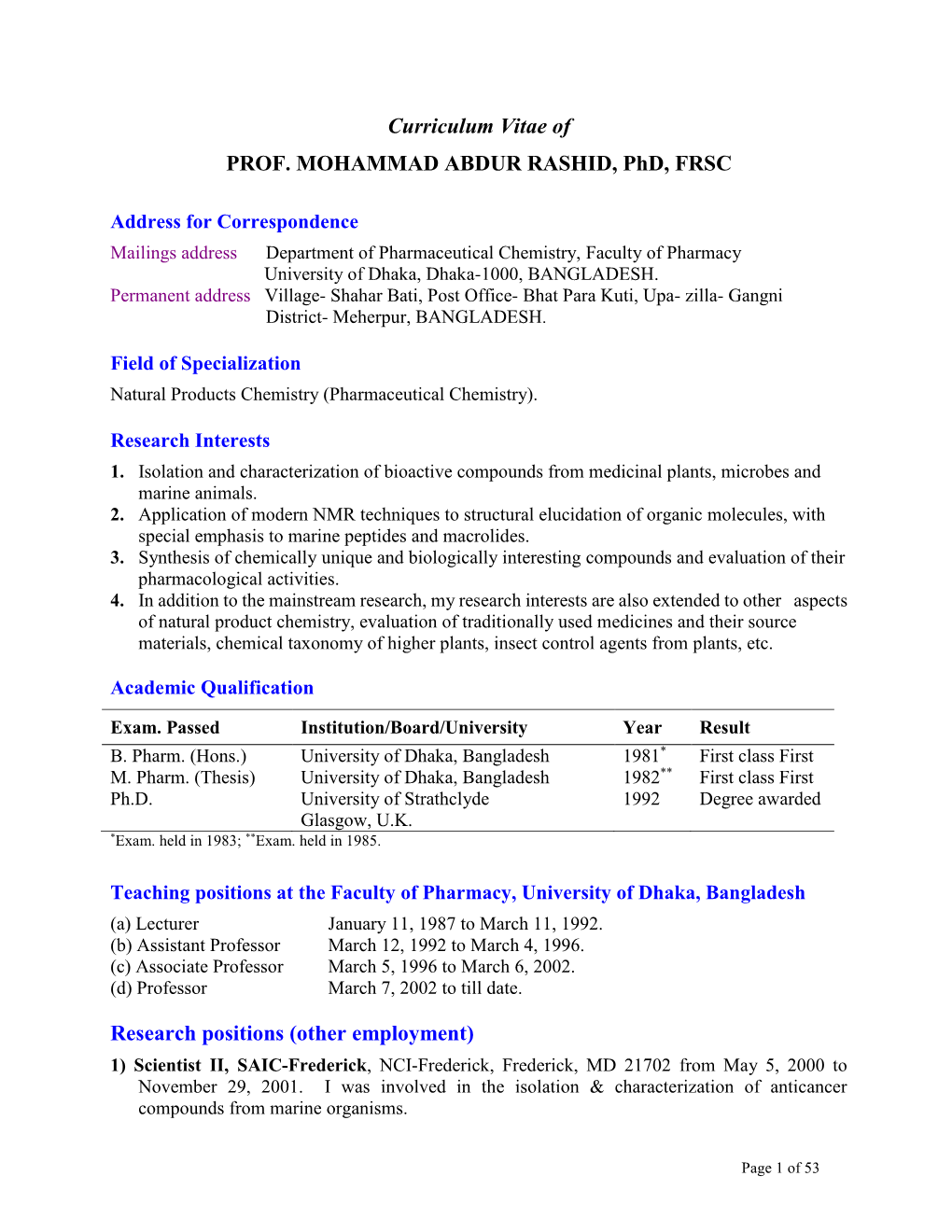 Curriculum Vitae of PROF