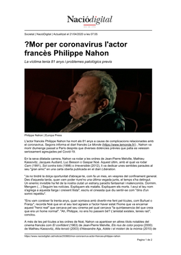 ?Mor Per Coronavirus L'actor Francès Philippe Nahon La Víctima Tenia 81 Anys I Problemes Patològics Previs