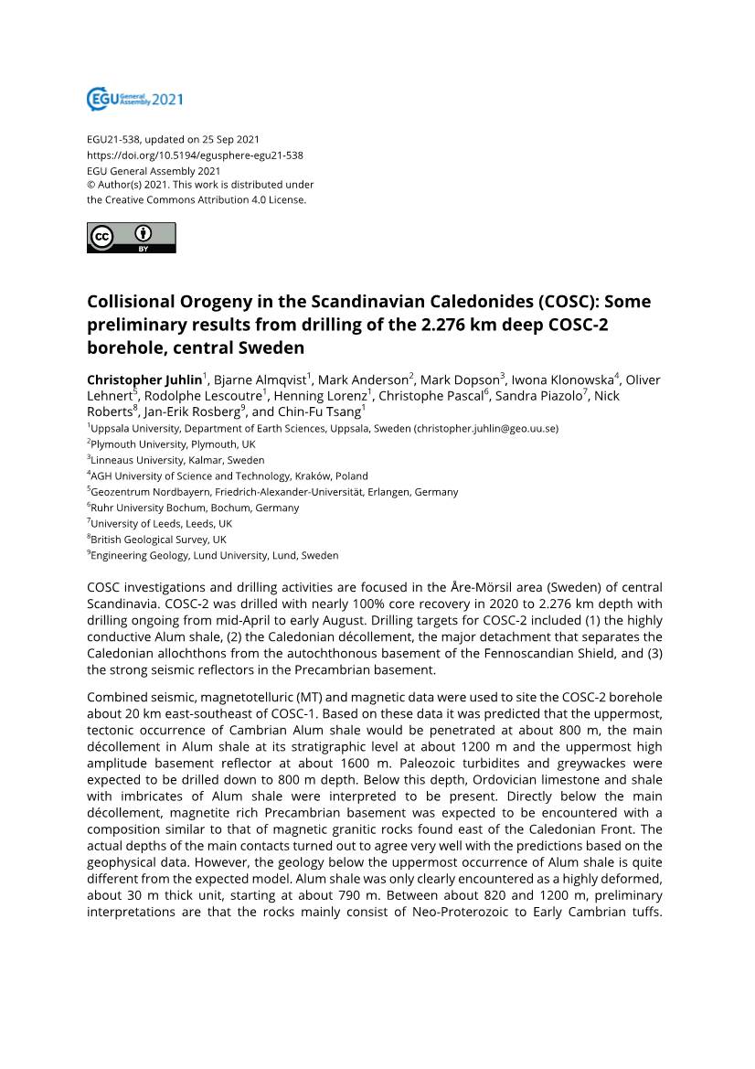 Collisional Orogeny in the Scandinavian Caledonides (COSC): Some Preliminary Results from Drilling of the 2.276 Km Deep COSC-2 Borehole, Central Sweden