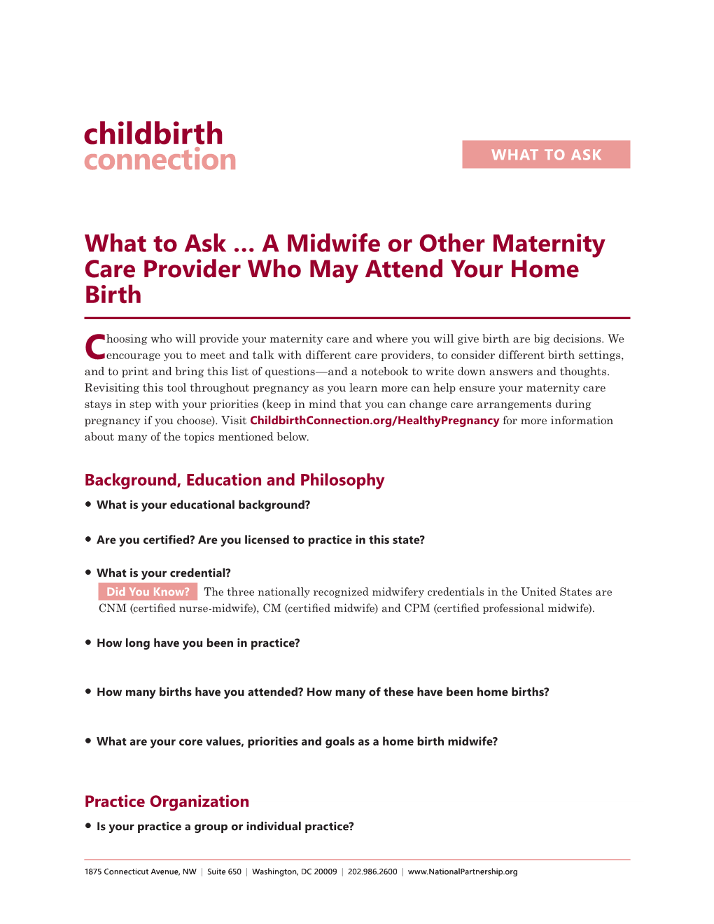 What to Ask … a Midwife Or Other Maternity Care Provider Who May Attend Your Home Birth