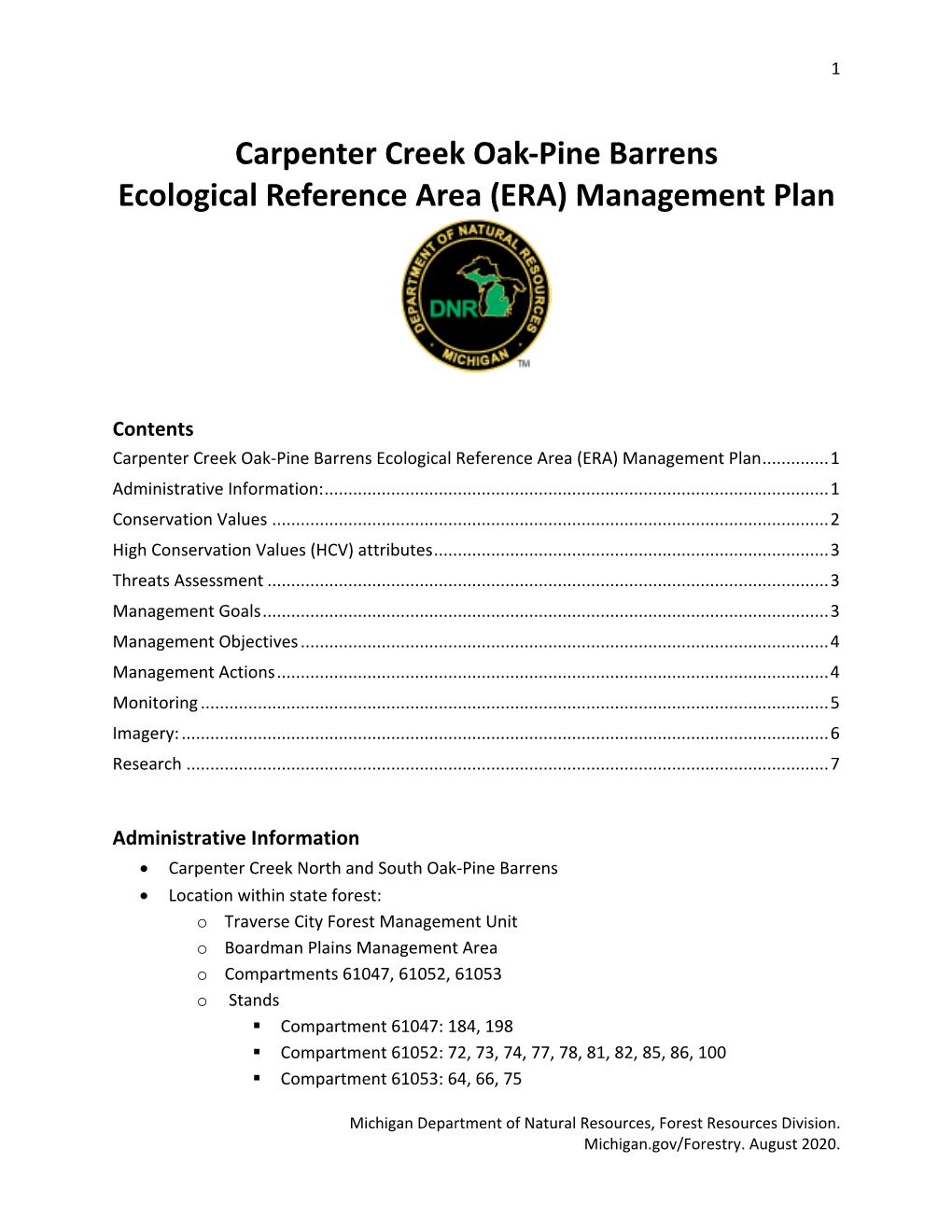 Carpenter Creek Oak-Pine Barrens Ecological Reference Area (ERA) Management Plan