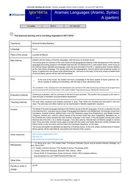 Aramaic Languages (Aramic, Syriac) a (Partim) - En-Cours-2017-Lglor1641a Lglor1641a Aramaic Languages (Aramic, Syriac) 2017 a (Partim)
