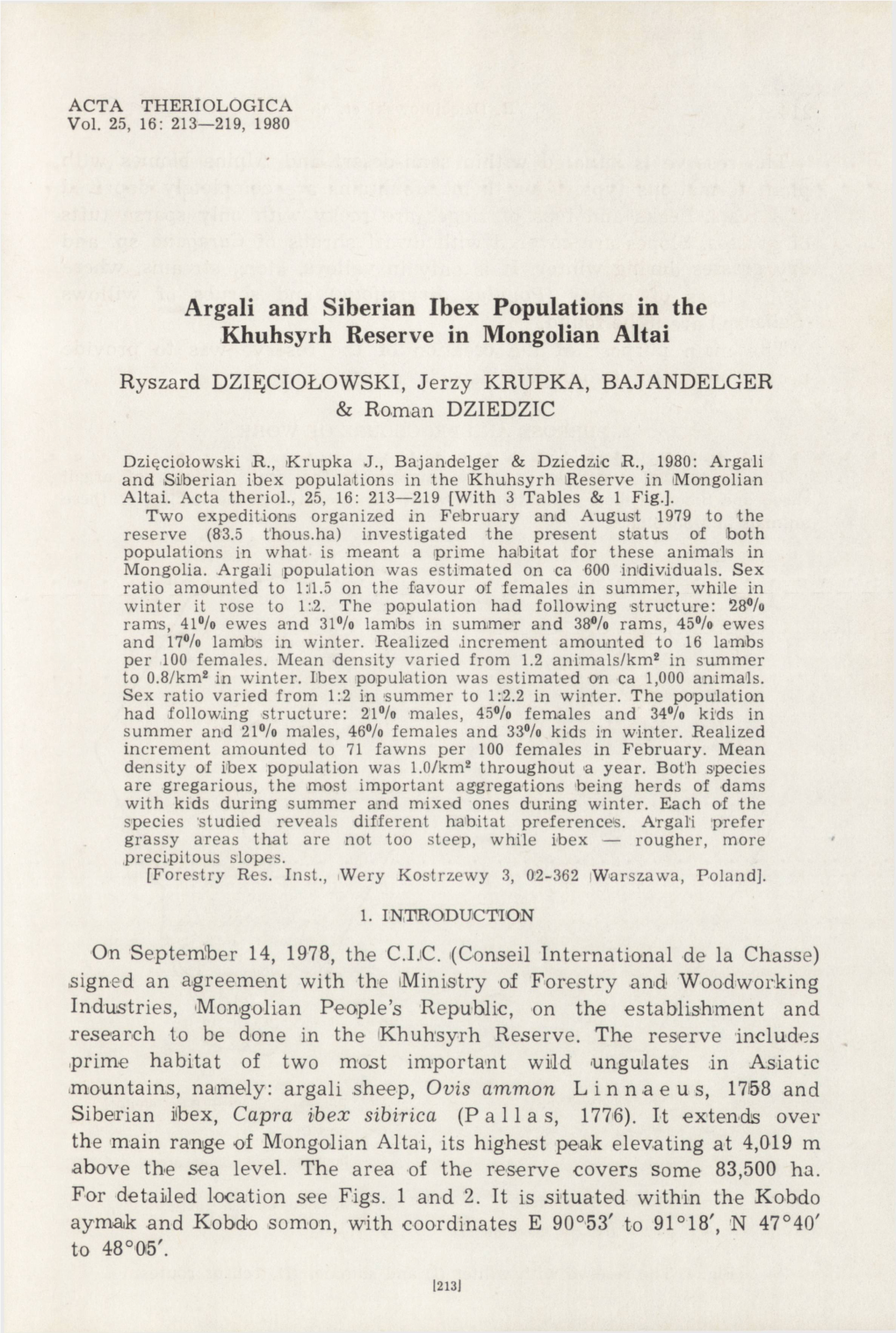 Argali and Siberian Ibex Populations in the Khuhsyrh Reserve in Mongolian Altai