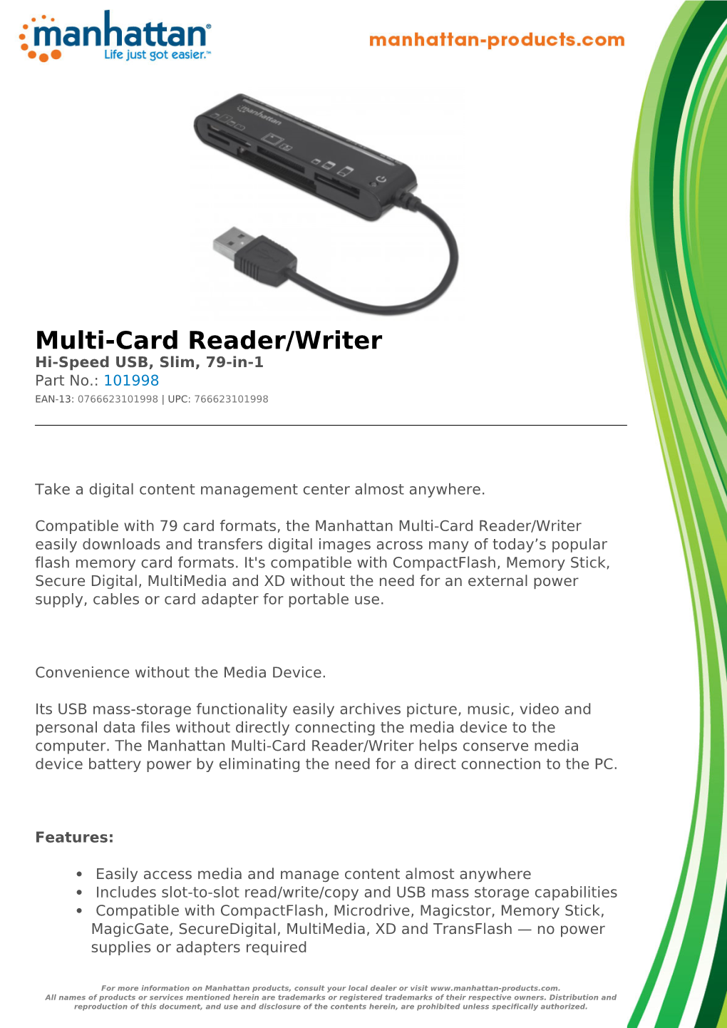 Multi-Card Reader/Writer Hi-Speed USB, Slim, 79-In-1 Part No.: 101998 EAN-13: 0766623101998 | UPC: 766623101998