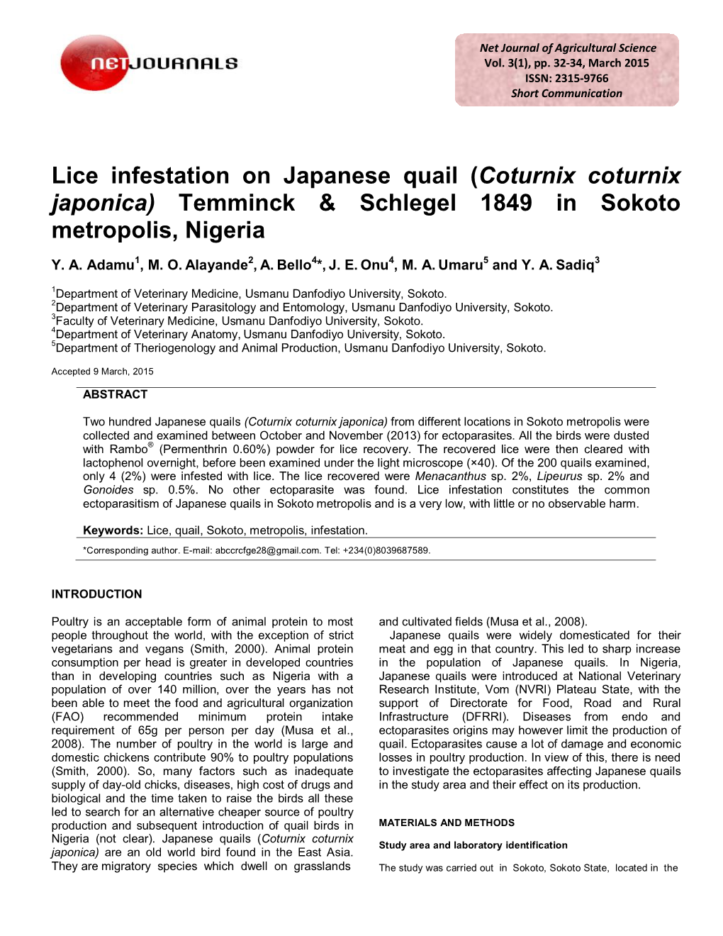 Lice Infestation on Japanese Quail (Coturnix Coturnix Japonica) Temminck & Schlegel 1849 in Sokoto Metropolis, Nigeria