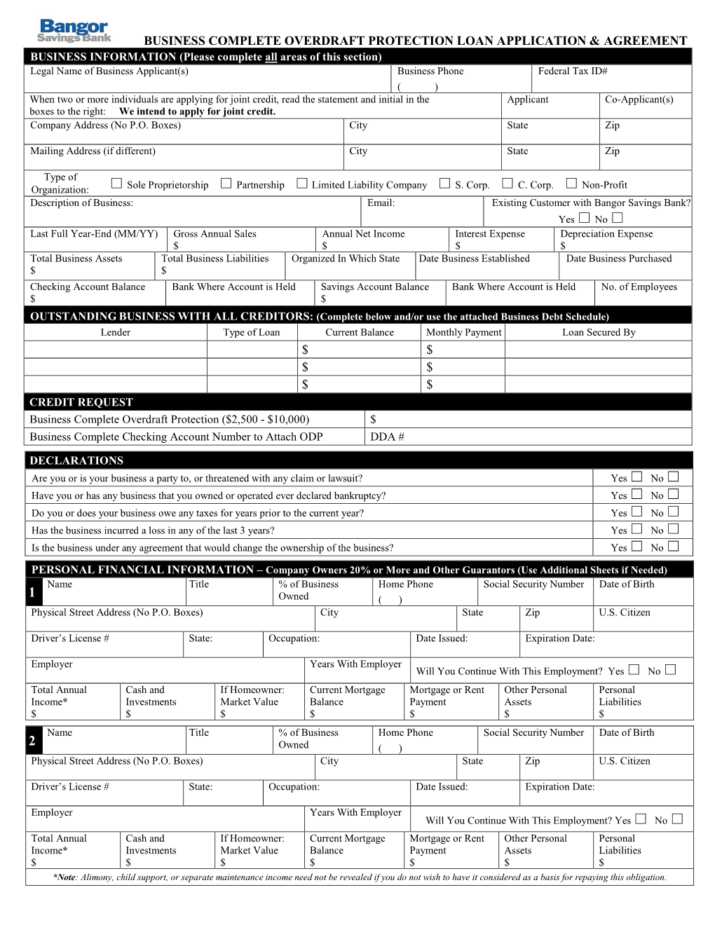 Business Complete Overdraft Protection Loan Application