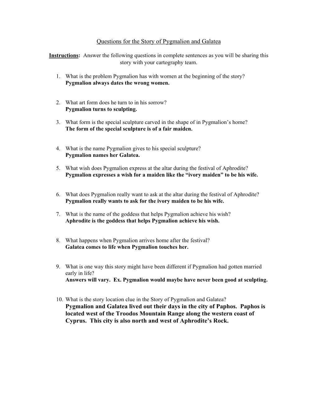 Answers for the Story of Pygmalion and Galatea