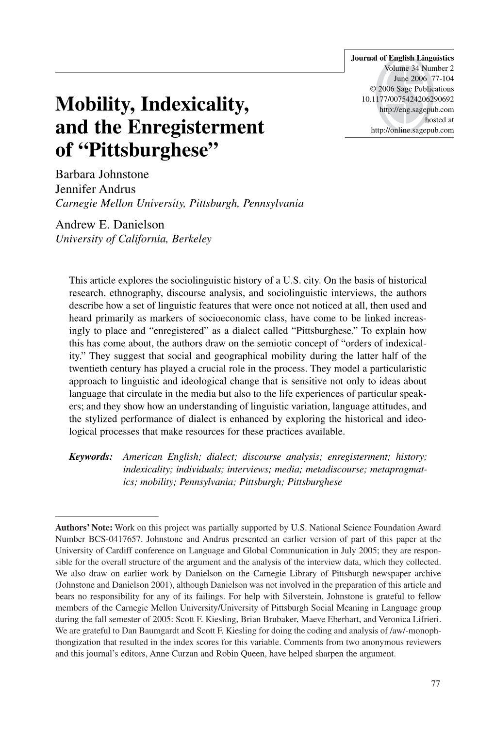 Mobility, Indexicality, and the Enregisterment of “Pittsburghese”