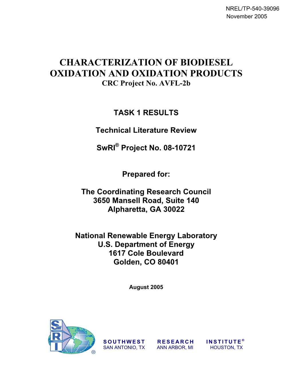 CHARACTERIZATION of BIODIESEL OXIDATION and OXIDATION PRODUCTS CRC Project No