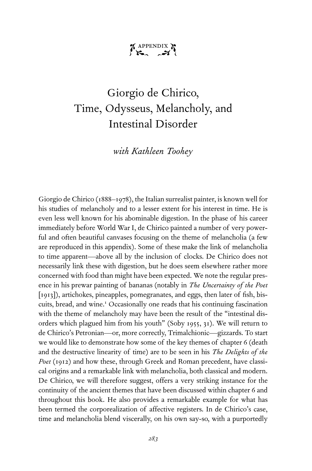 Giorgio De Chirico, Time, Odysseus, Melancholy, and Intestinal Disorder