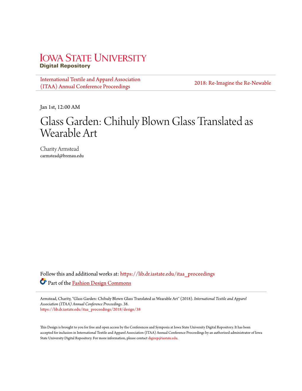 Glass Garden: Chihuly Blown Glass Translated As Wearable Art Charity Armstead Carmstead@Brenau.Edu