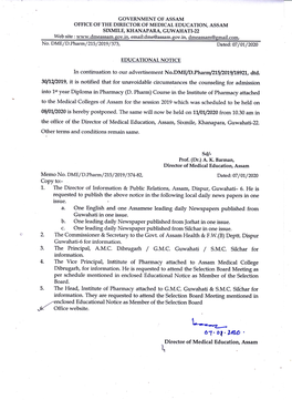 3. the Principal, A.M.C. Dibrugarh / G.M.C. Guwahati / S.M.C. Silchar for Information