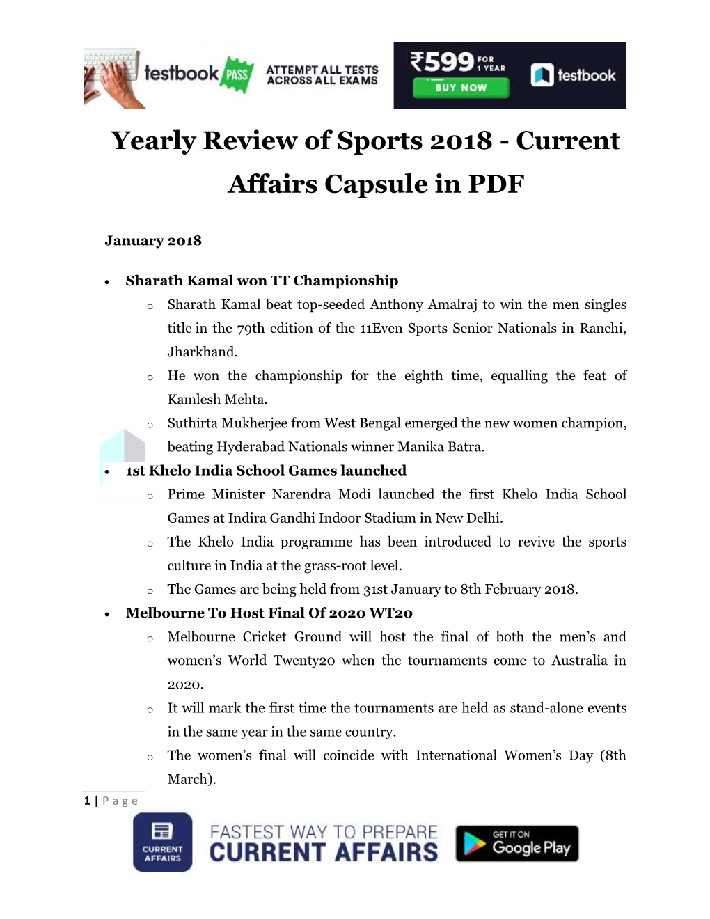 Yearly Review of Sports 2018 - Current Affairs Capsule in PDF