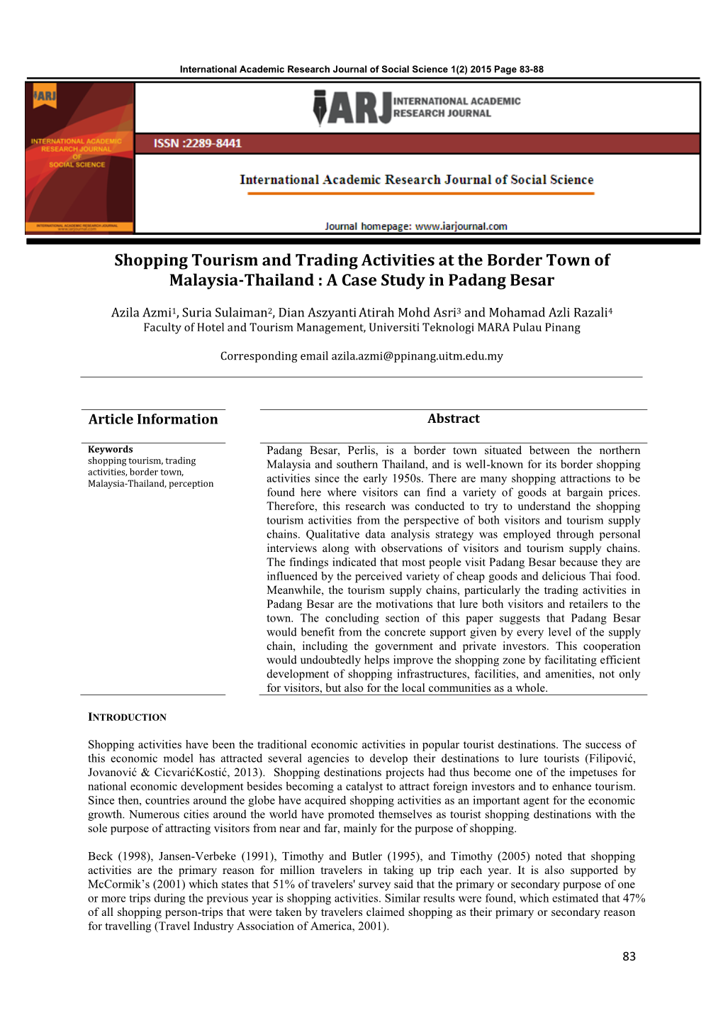 Shopping Tourism and Trading Activities at the Border Town of Malaysia-Thailand : a Case Study in Padang Besar