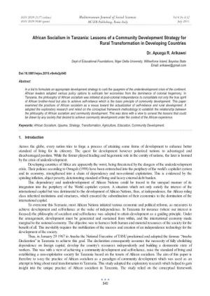 African Socialism in Tanzania: Lessons of a Community Development Strategy for Rural Transformation in Developing Countries