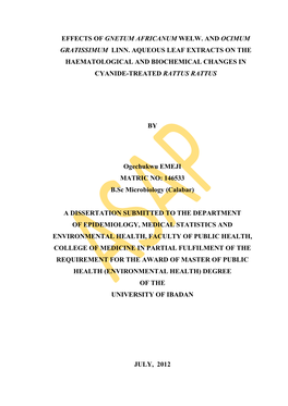 Effects of Gnetum Africanum Welw. and Ocimum Gratissimum Linn. Aqueous Leaf Extracts on the Haematological and Biochemical Changes in Cyanide-Treated Rattus Rattus