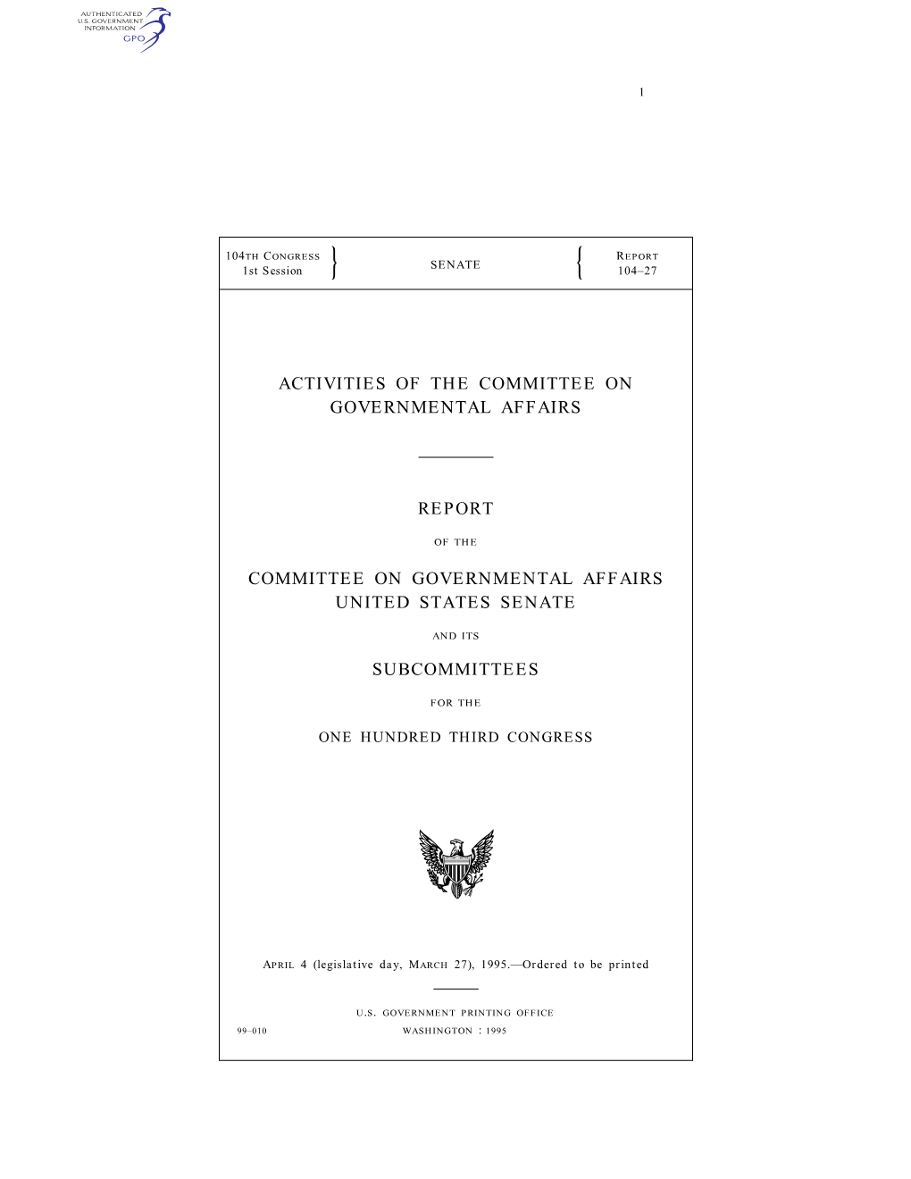 Activities of the Committee on Governmental Affairs