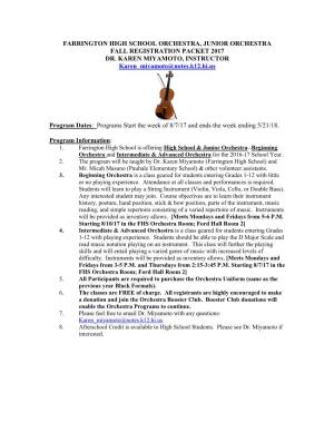 Farrington High School Orchestra, Junior Orchestra Fall Registration Packet 2017 Dr