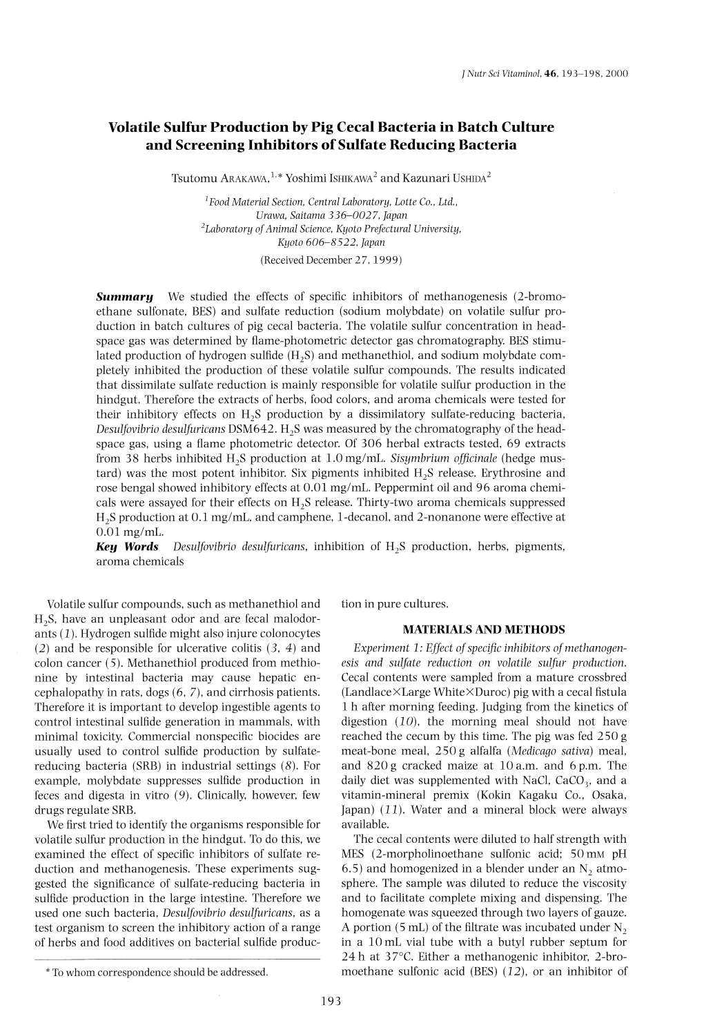 And Sulfate Reduction (Sodium Molybdate) on Volatile Sulfur Pro Duction in Batch Cultures of Pig Cecal Bacteria