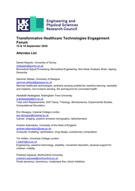 Transformative Healthcare Technologies Engagement Forum 10 & 16 September 2020