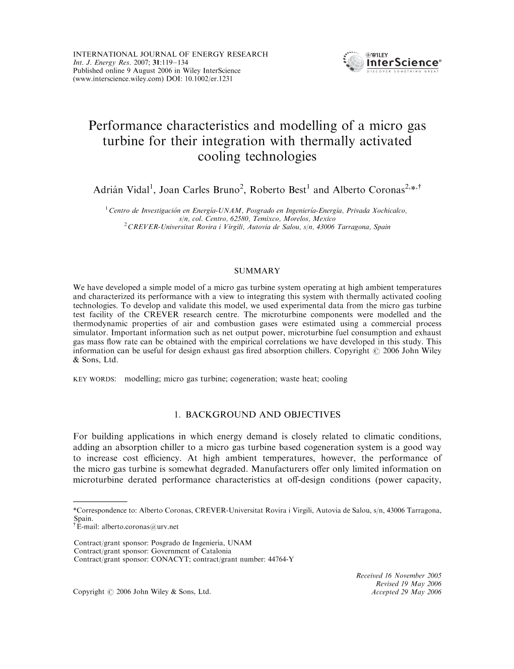 Performance Characteristics and Modelling of a Micro Gas Turbine for Their Integration with Thermally Activated Cooling Technologies