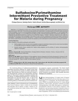 Sulfadoxine/Pyrimethamine Intermittent Preventive Treatment for Malaria During Pregnancy