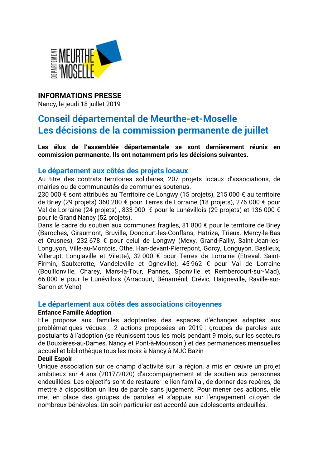 Conseil Départemental De Meurthe-Et-Moselle Les Décisions De La Commission Permanente De Juillet