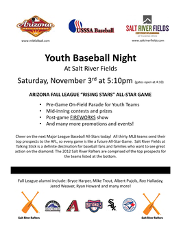Youth Baseball Night at Salt River Fields Rd Saturday, November 3 at 5:10Pm (Gates Open at 4:10)