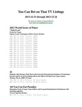You Can Bet on That TV Listings 2013-12-11 Through 2013-12-24