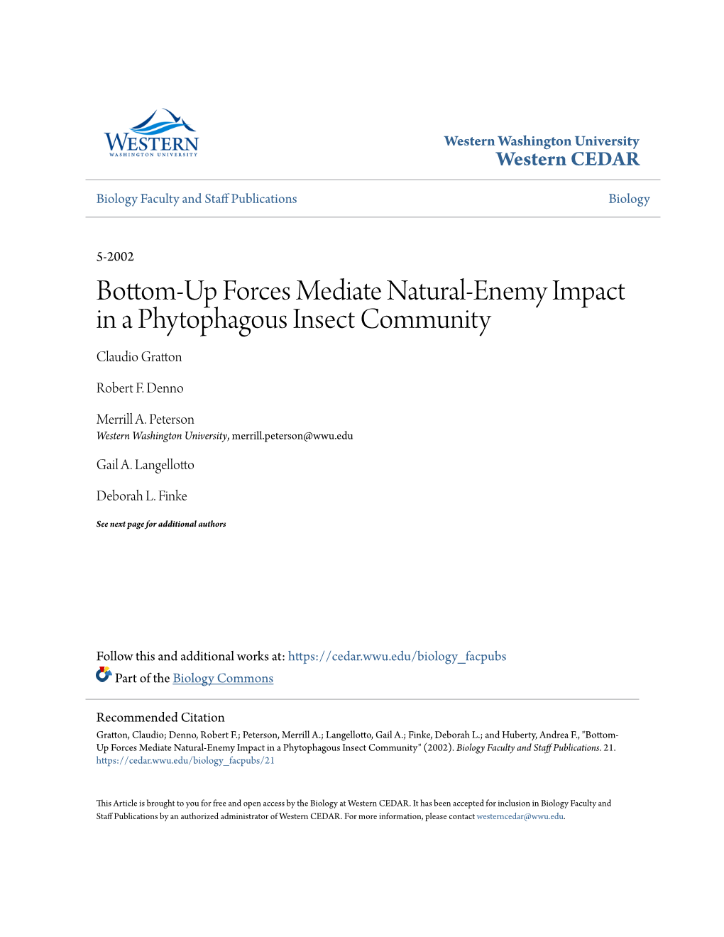 Bottom-Up Forces Mediate Natural-Enemy Impact in a Phytophagous Insect Community Claudio Gratton