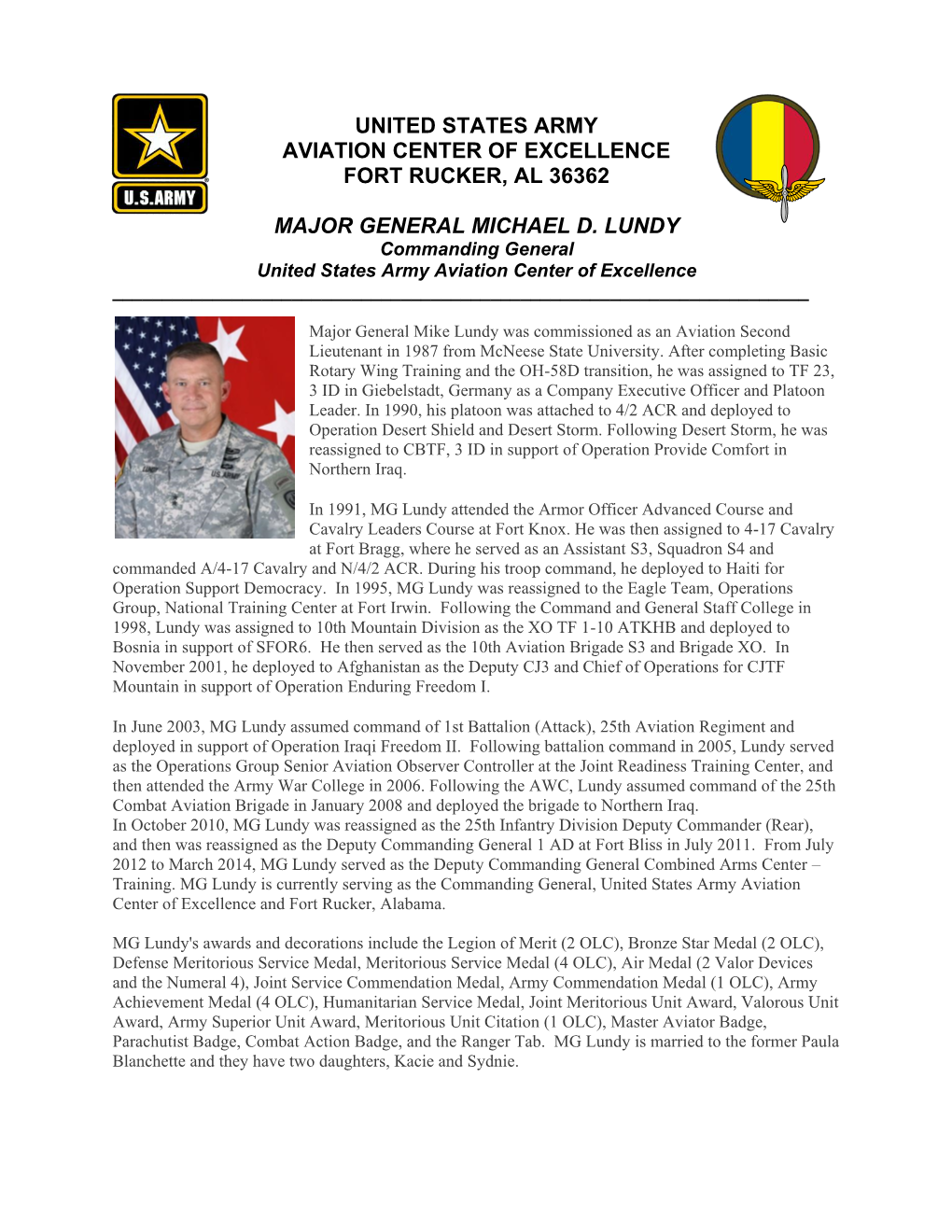 United States Army Aviation Center of Excellence Fort Rucker, Al 36362 Major General Michael D. Lundy