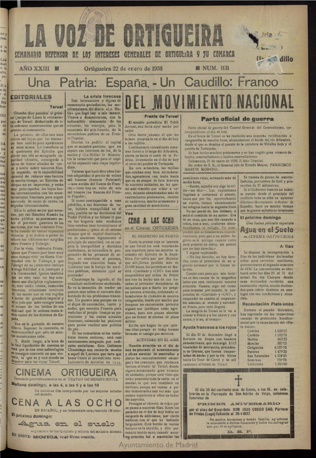La Voz De Ortigueira Del 22 De Enero De 1938, Nº 1131