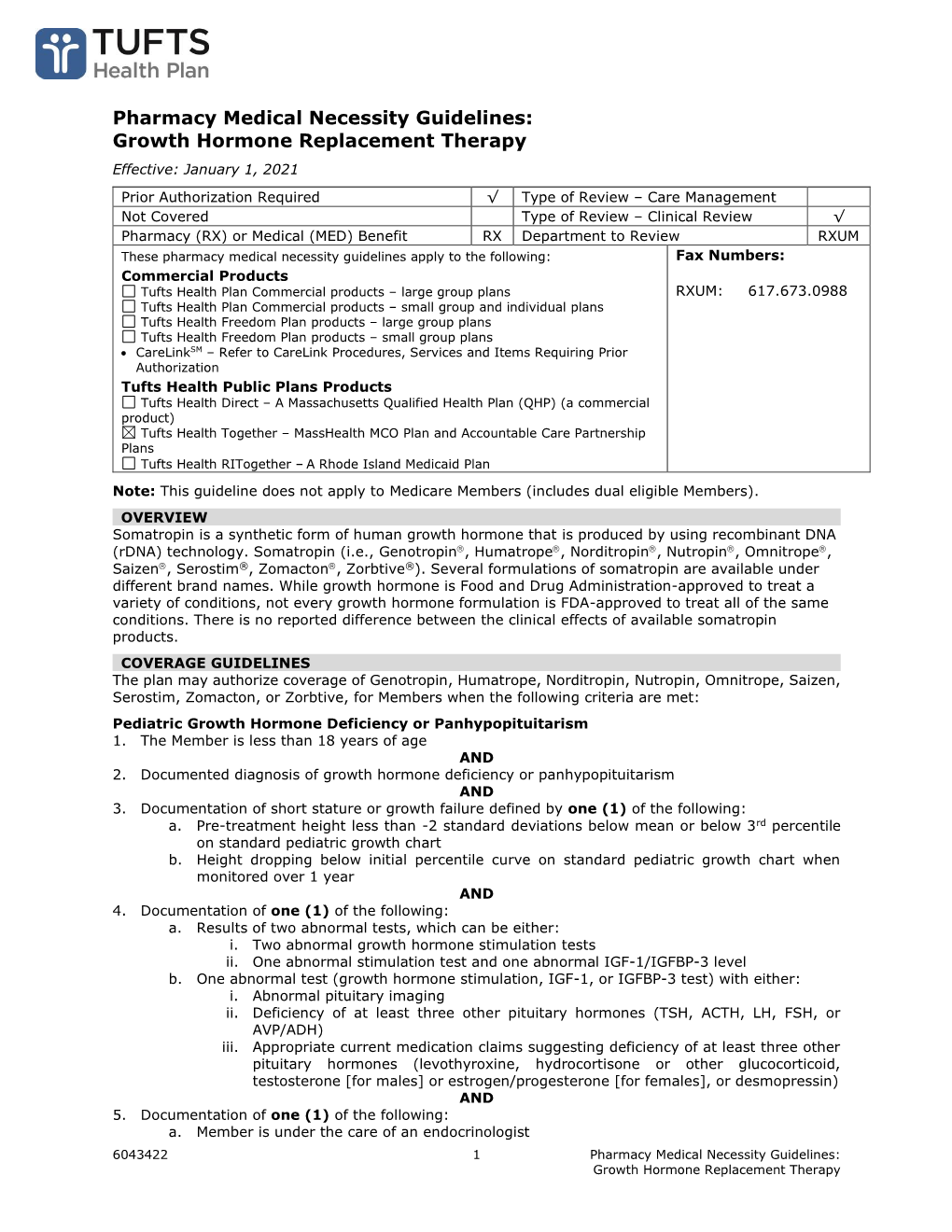 Pharmacy Medical Necessity Guidelines: Growth Hormone