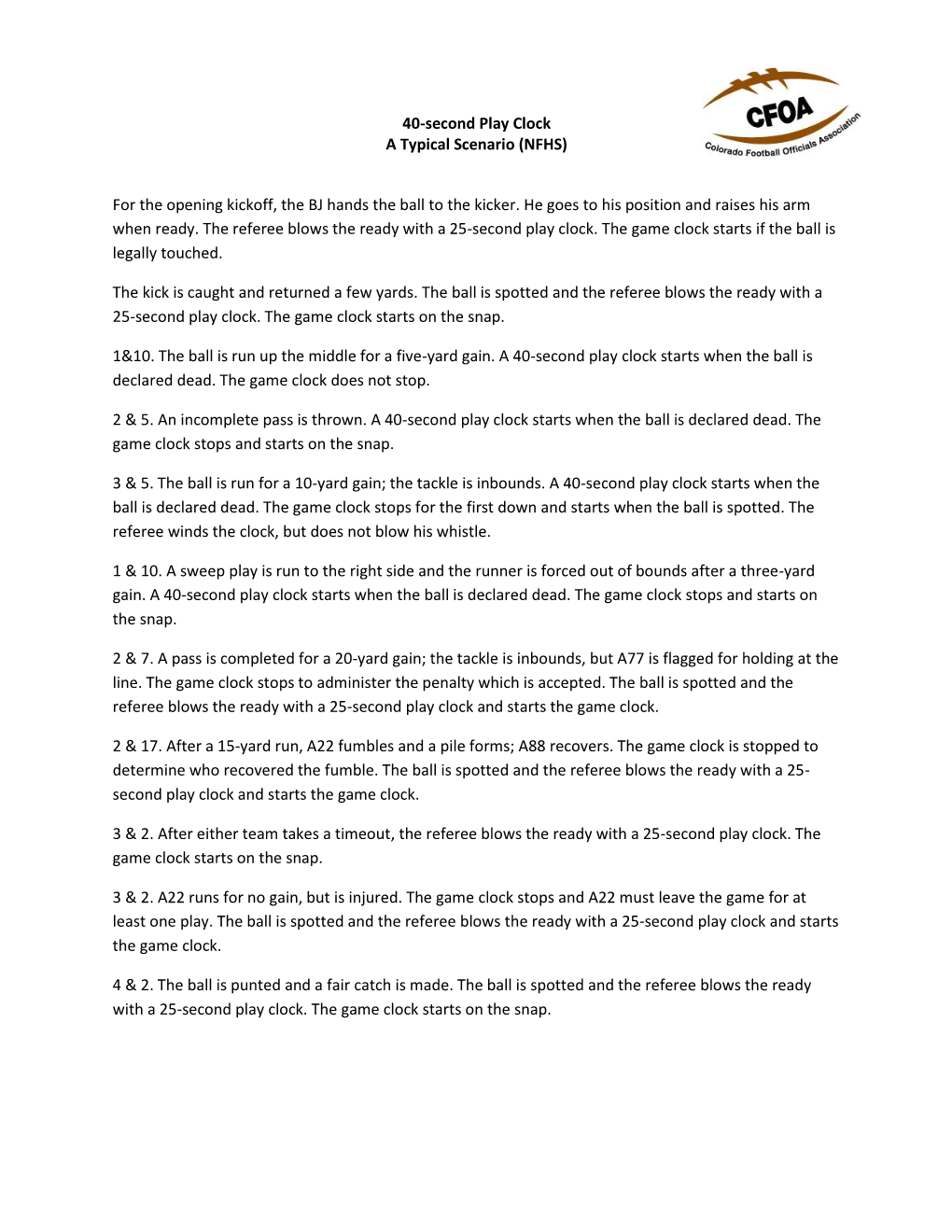 40-Second Play Clock a Typical Scenario (NFHS)