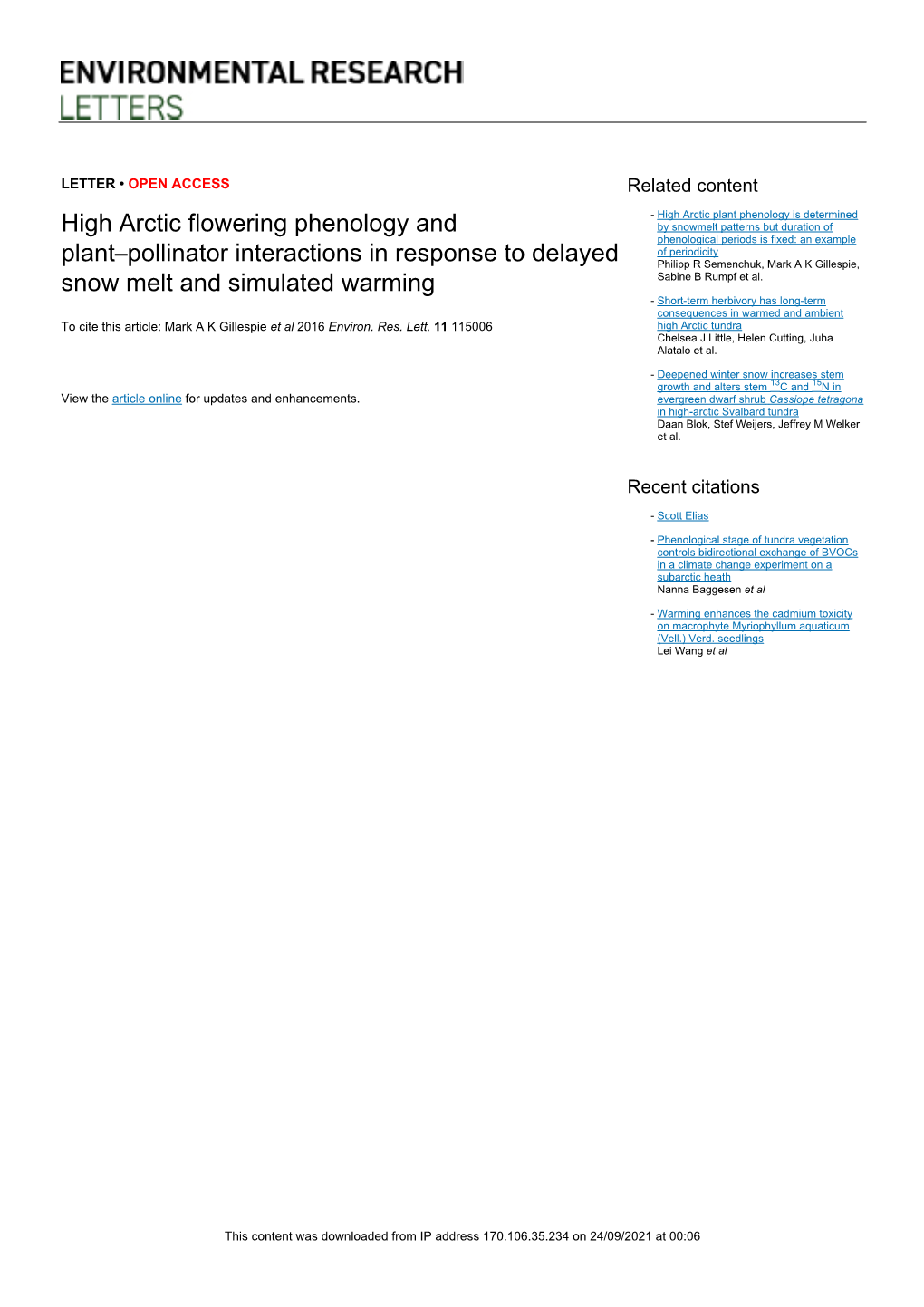 High Arctic Flowering Phenology and Plant–Pollinator Interactions In