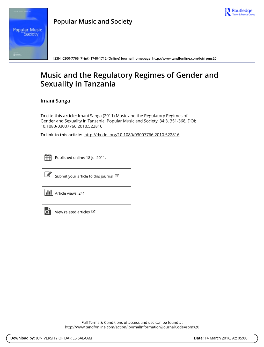 Music and the Regulatory Regimes of Gender and Sexuality in Tanzania