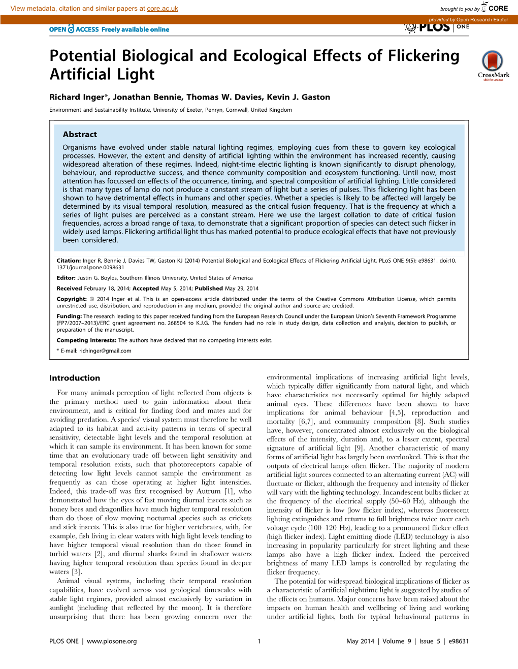 Potential Biological and Ecological Effects of Flickering Artificial Light