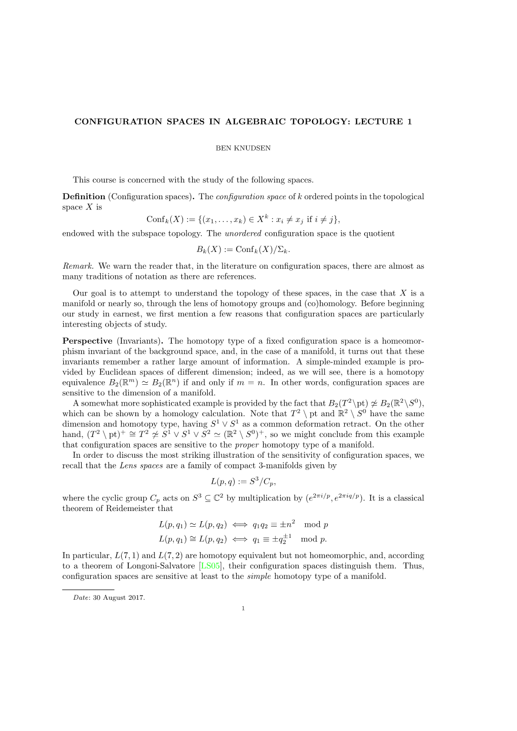 Configuration Spaces in Algebraic Topology: Lecture 1