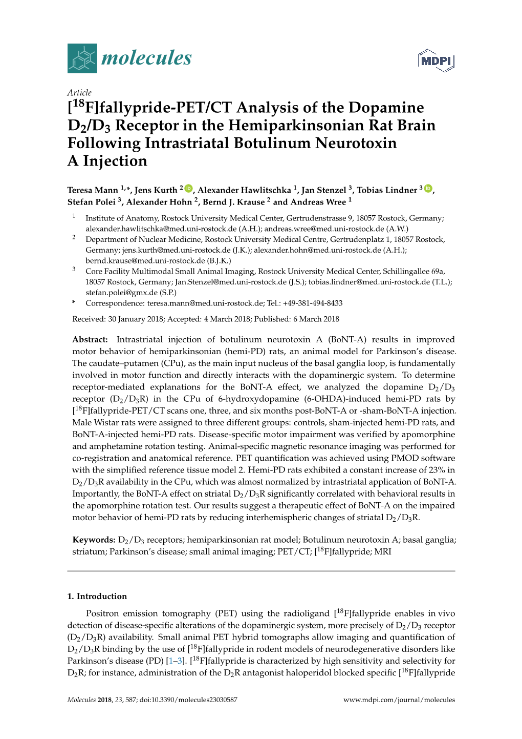 [18F]Fallypride-PET/CT Analysis of the Dopamine D2/D3 Receptor in the Hemiparkinsonian Rat Brain Following Intrastriatal Botulinum Neurotoxin a Injection