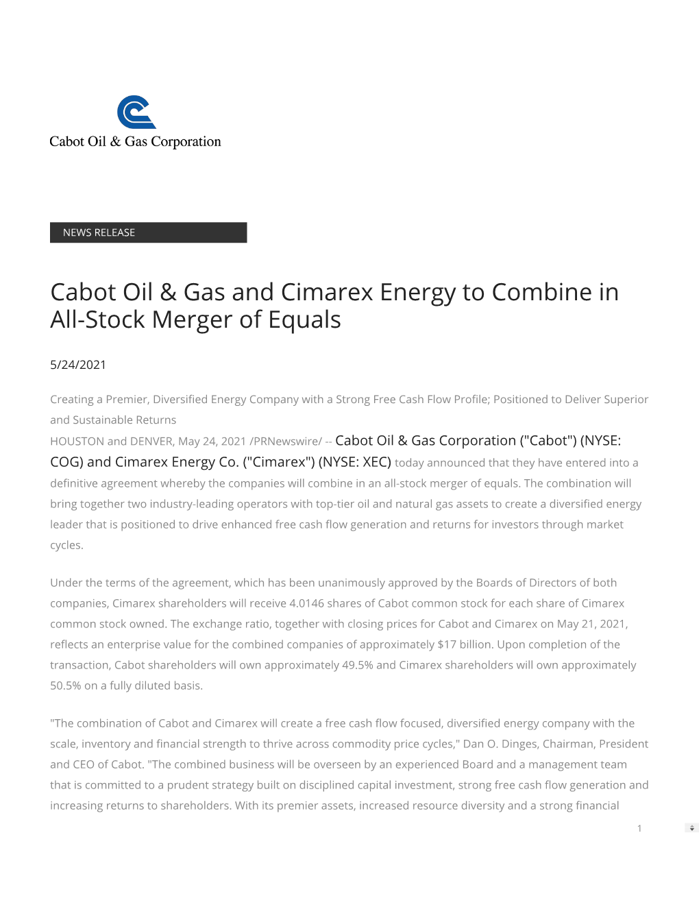 Cabot Oil & Gas and Cimarex Energy to Combine in All-Stock Merger Of