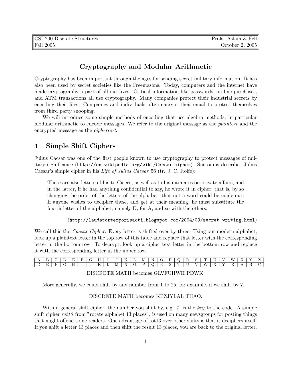 Cryptography and Modular Arithmetic 1 Simple Shift Ciphers