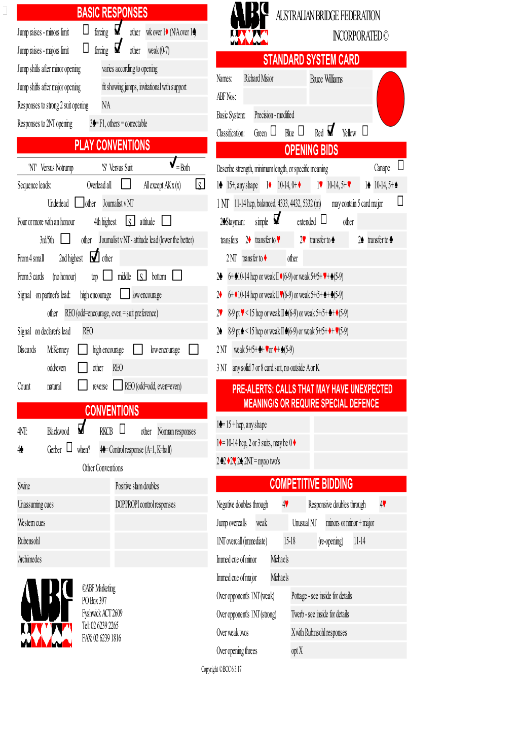 Standard System Card Opening Bids Competitive Bidding Basic Responses Play Conventions Conventions Australian Bridge Federation