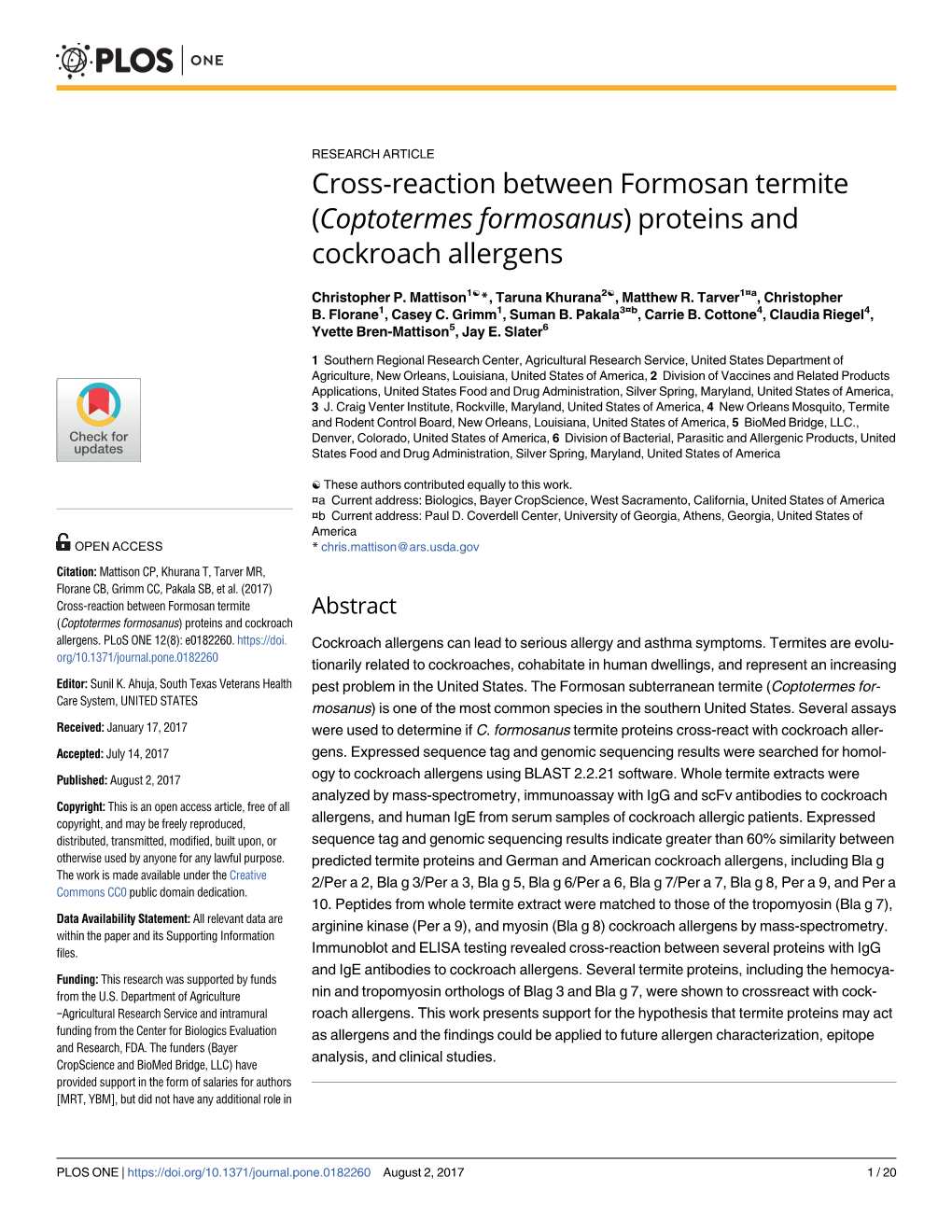 Cross-Reaction Between Formosan Termite (Coptotermes Formosanus) Proteins and Cockroach Allergens