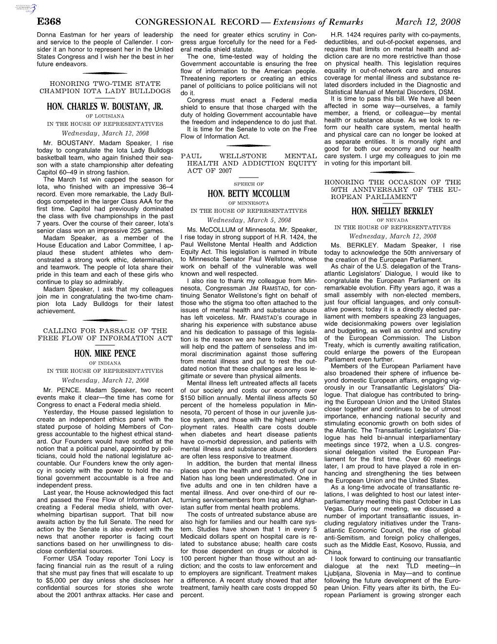 Extensions of Remarks E368 HON. CHARLES W. BOUSTANY, JR